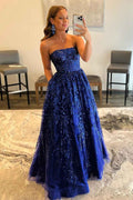 Royal Blue Sequin Prom Dress With Appliques For Evening Party