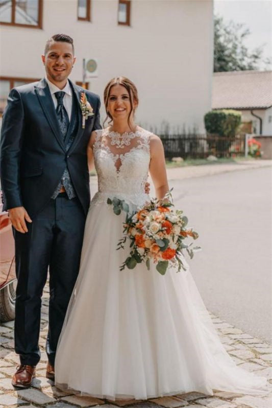 Tulle Bateau Sleeveless A Line Wedding Dress With Lace Overlay