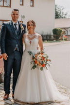 Tulle Bateau Sleeveless A Line Wedding Dress With Lace Overlay