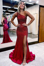 Elegant One Shoulder Burgundy Sequin Long Dress With Slit For Formal Evening