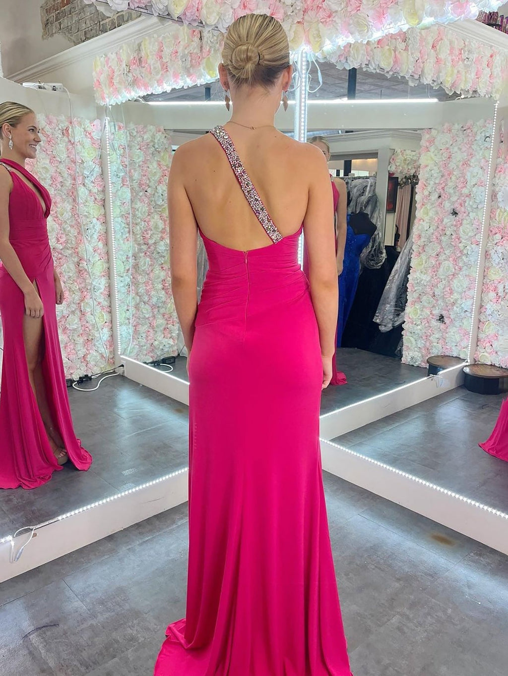 Mermaid One Shoulder Pink Cutout Long Prom Dress