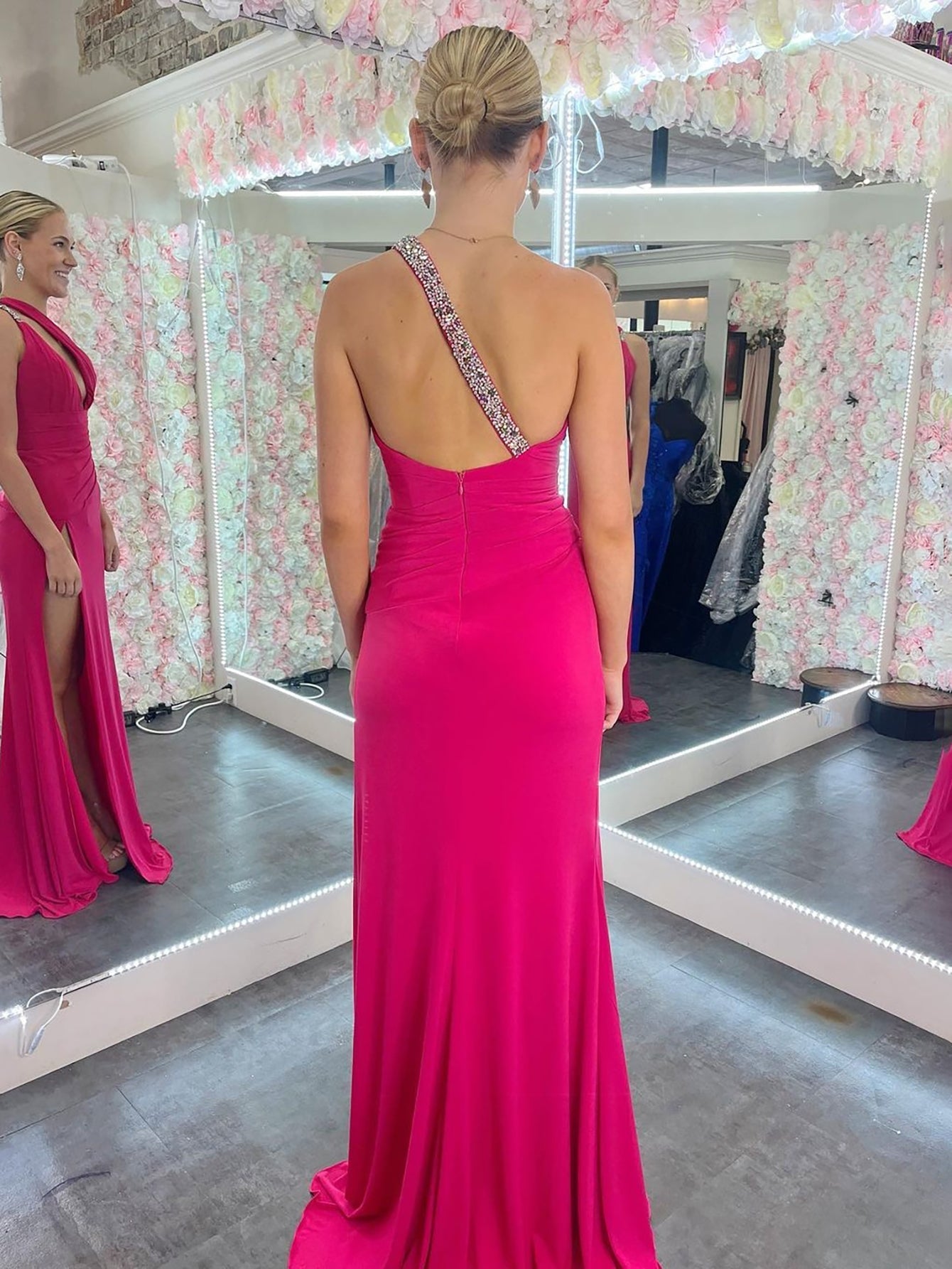 Mermaid One Shoulder Pink Cutout Long Prom Dress
