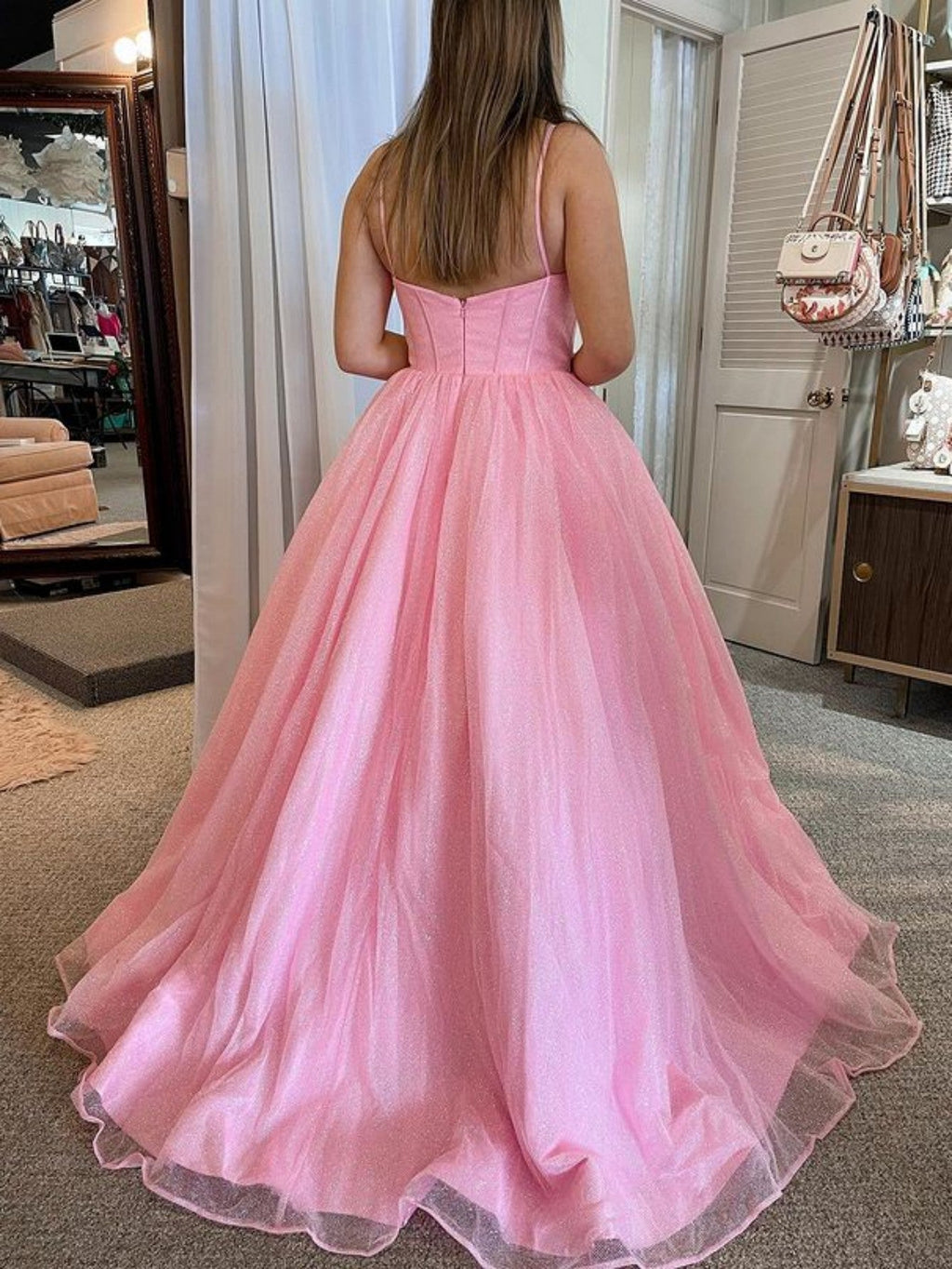 A Line Glitter Tulle Prom Dress with Pockets
