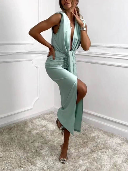 Klassisches Midikleid mit V-Ausschnitt, gerüschtem Drape und Schlitz 