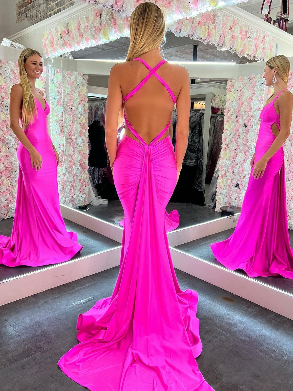 Mermaid Pink V Neck Backless Satin Long Prom Dress