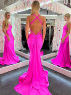 Mermaid Pink V Neck Backless Satin Long Prom Dress