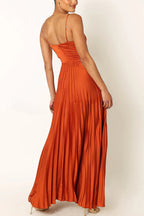 A Dreamy Escape Satin Adjustable Straps Pleated Maxi Dress