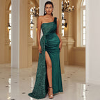 Elegant Sexy Long Sequined Sleeveless Diagonal Collar Backless Cocktail Evening Dress Bridesmaid Dress Women