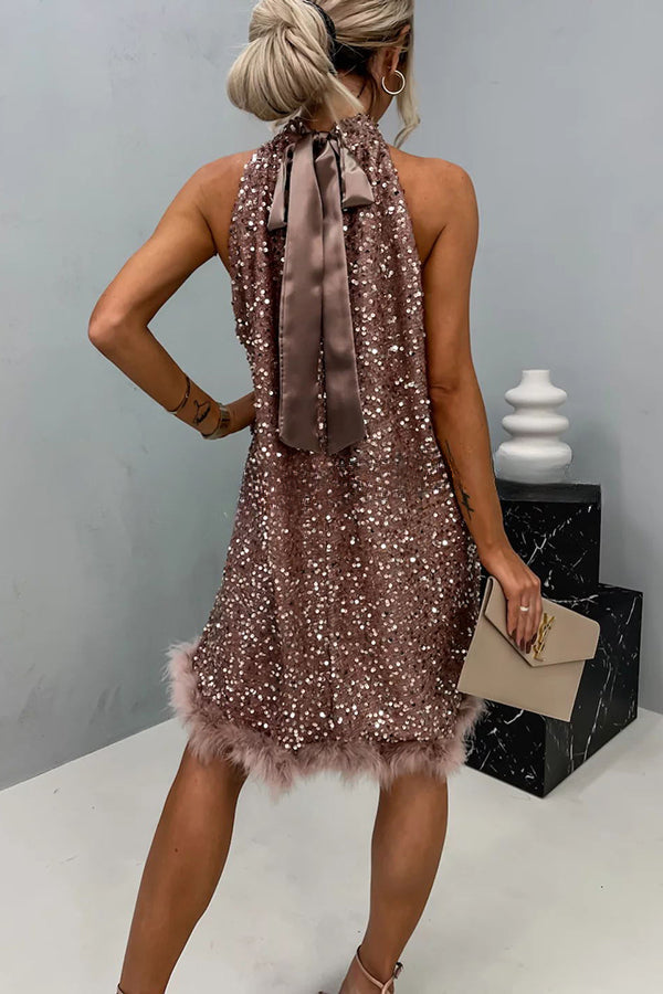 It's Time To Dance Sequin Feather Trim Halter Babydoll Mini Dress