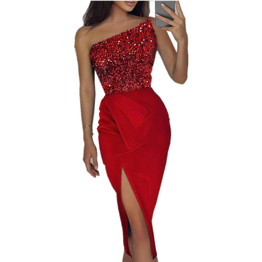 Damenbekleidung, einfarbig, sexy, mit Pailletten besetztes Maxikleid, elegantes Abendkleid mit einer Schulter – ideal für besondere Anlässe 