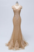 BMbridal Chic V Neck Sleeveless Mermaid Prom Dress With Beading And Appliques