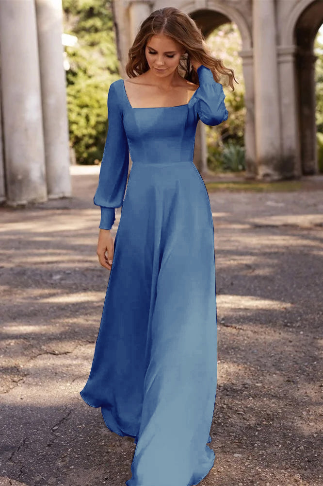 Square Neckline A Line Long Sleeve Wedding Dress For Elegant Bridal