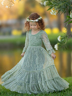 Sage Green Lace Flower Girl Dress With Long Sleeves And Ankle Length
