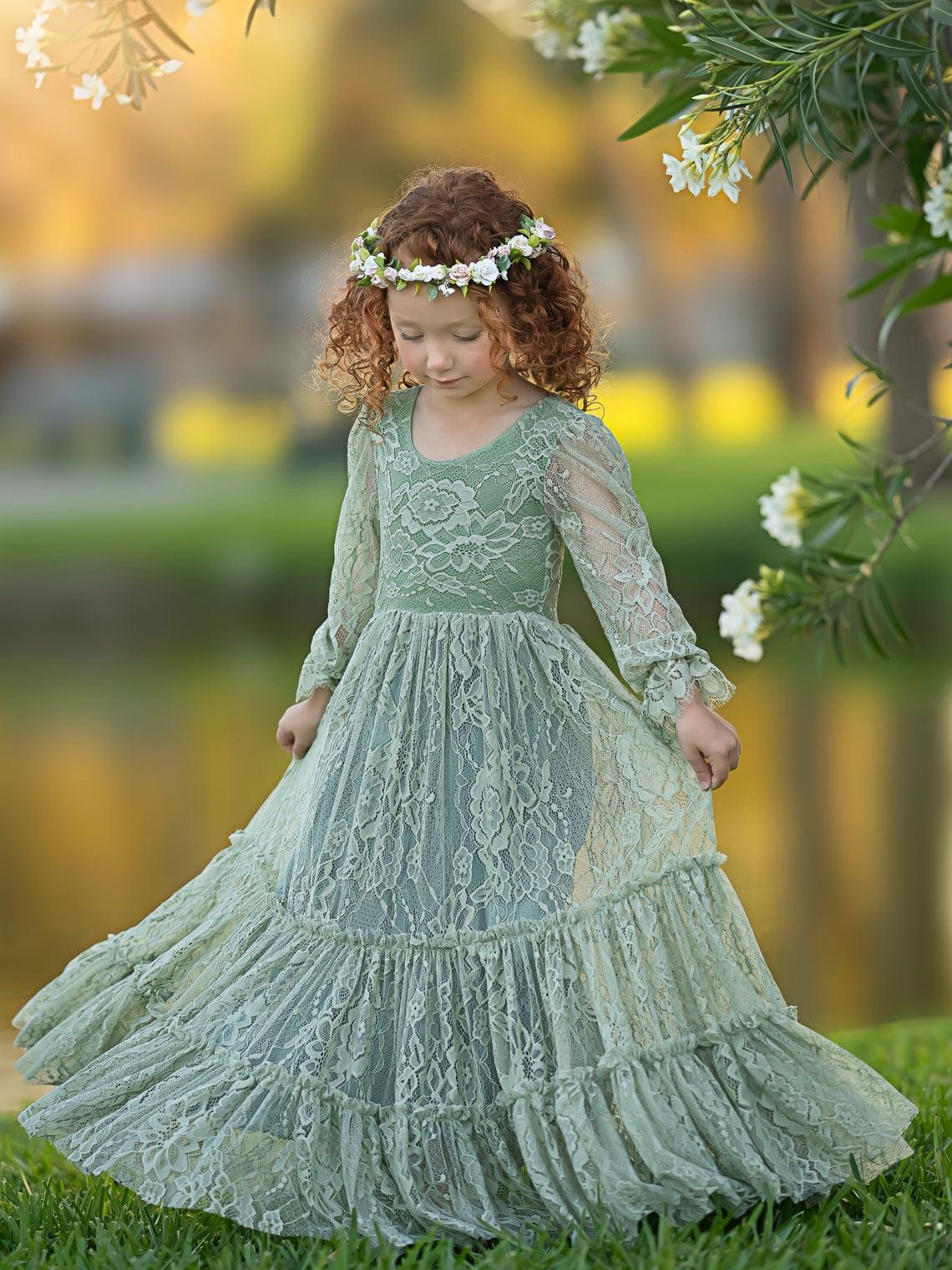 Sage Green Lace Flower Girl Dress With Long Sleeves And Ankle Length