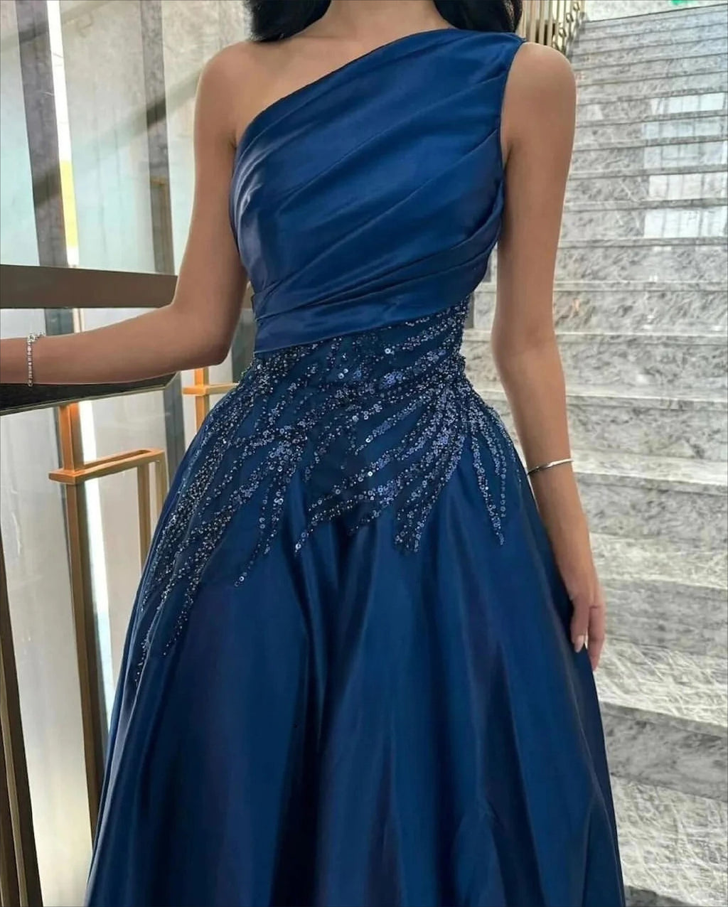 Luxury Woman Women's Evening Dress Dark Blue Satin Glitter Trim Line A Graduation Dresses Party Elegant Prom Wedding Customized