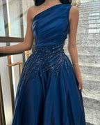 Luxury Woman Women's Evening Dress Dark Blue Satin Glitter Trim Line A Graduation Dresses Party Elegant Prom Wedding Customized