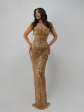 Vestido de noche lujoso con escote en V profundo dorado, sexy, con cuentas de cristales, personalizado para baile de graduación, brillante, largo hasta el suelo, vestidos de novia