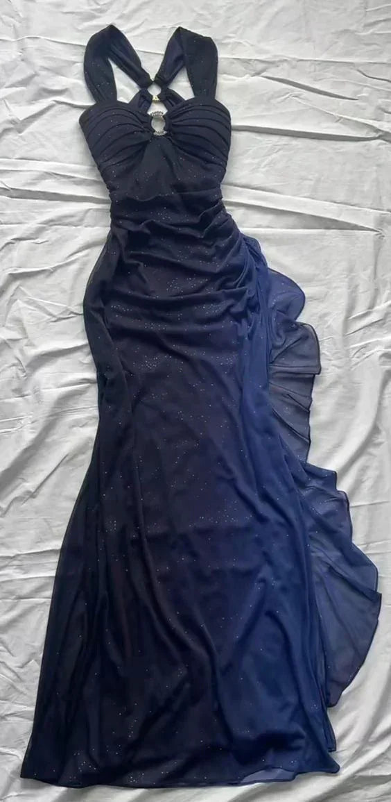 Robe de soirée longue dos nu en mousseline bleu marine raisin Ombre pour bal de promo Y7483