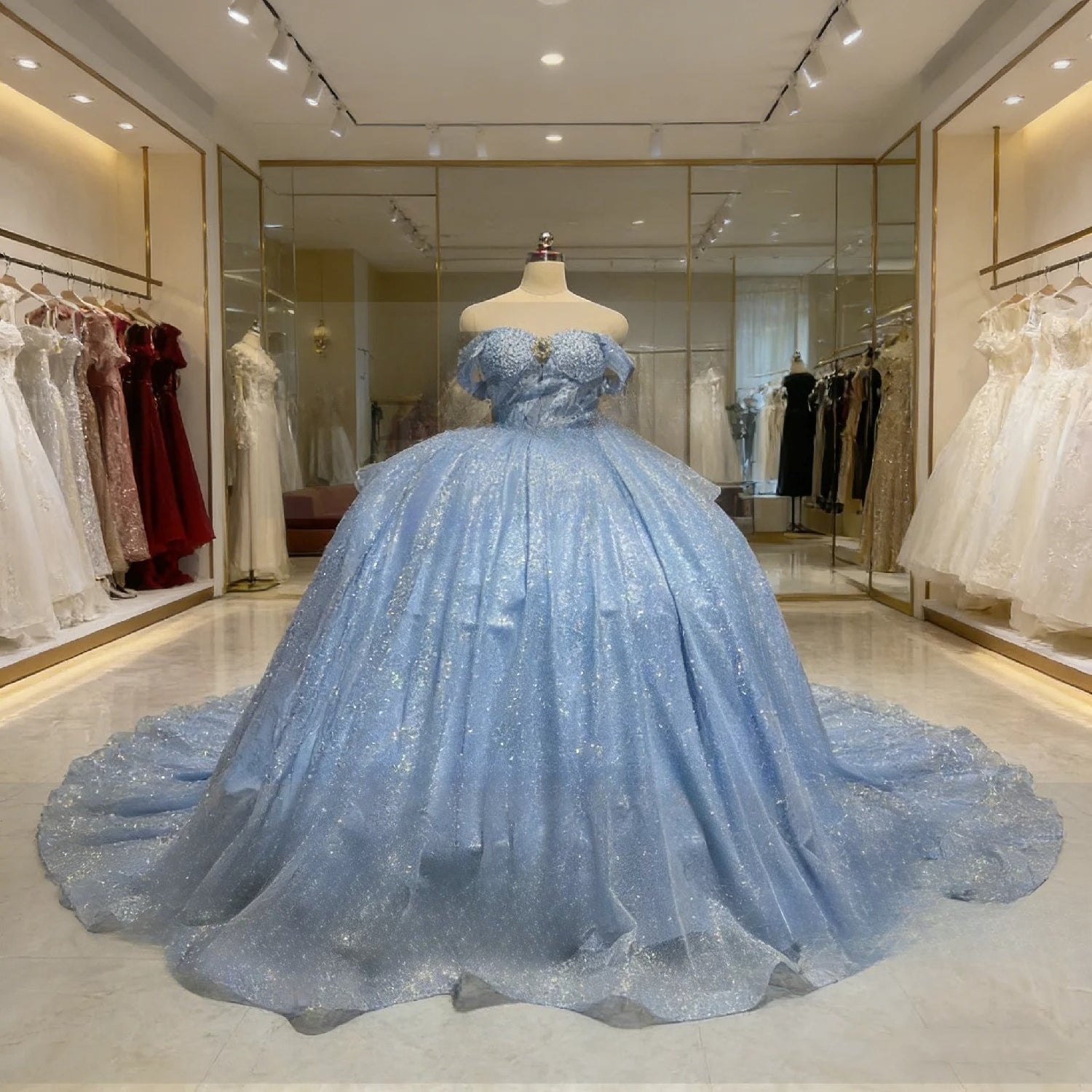 Echtes Bild Himmelblaues Kleid mit Kappenärmeln, Perlen, gestuftem Ballkleid aus Tüll, glänzend, Damen, Abschlussball, Festliche Anlässe, Quinceañera 15, Maßgeschneidert