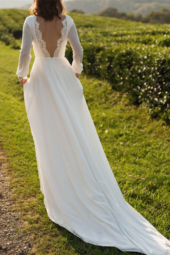 Elegant Long Sleeves Chiffon Backless Wedding Dress For Brides