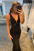 Elegant Black Lace Long Prom Dress With Glitter Rhinestones