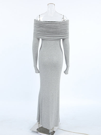 Long Sleeves Skinny Pleated Solid Color Split-Joint Off-The-Shoulder Evening Dresses Maxi Dresses