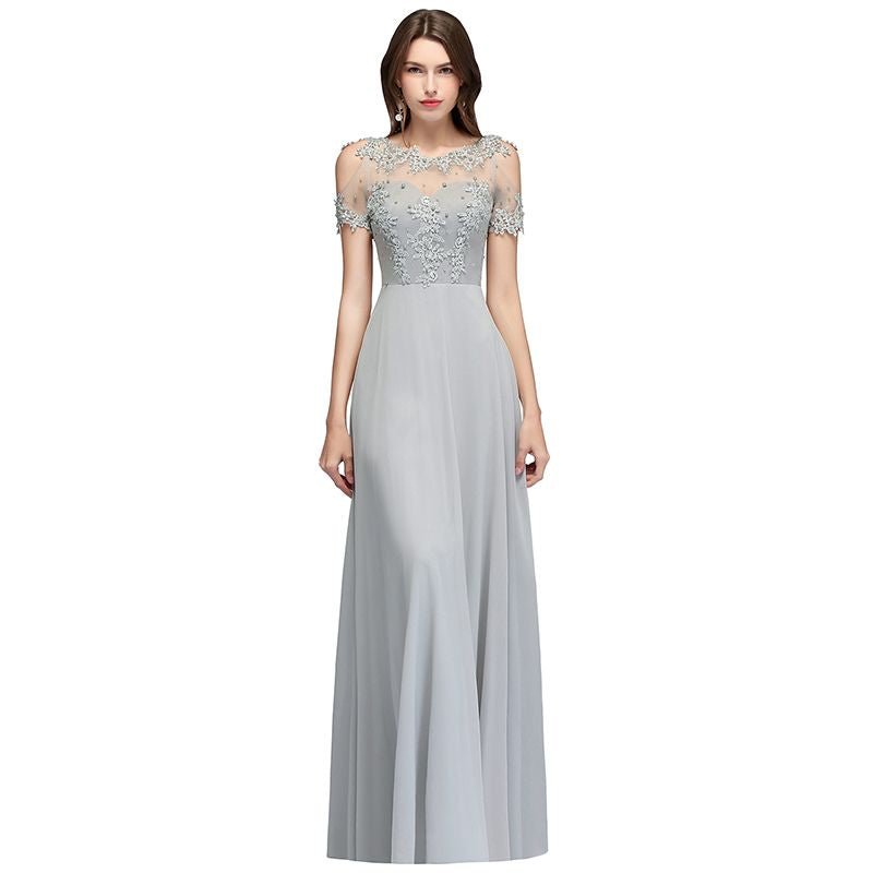 BMbridal Short Sleeve Lace Appliques Chiffon A Line Floor Length Prom Dress