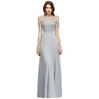 BMbridal Short Sleeve Lace Appliques Chiffon A Line Floor Length Prom Dress