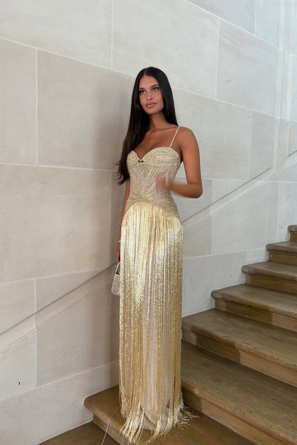 Spaghetti Straps Sleeveless Long Prom Dress Beading Tassel Custom Made