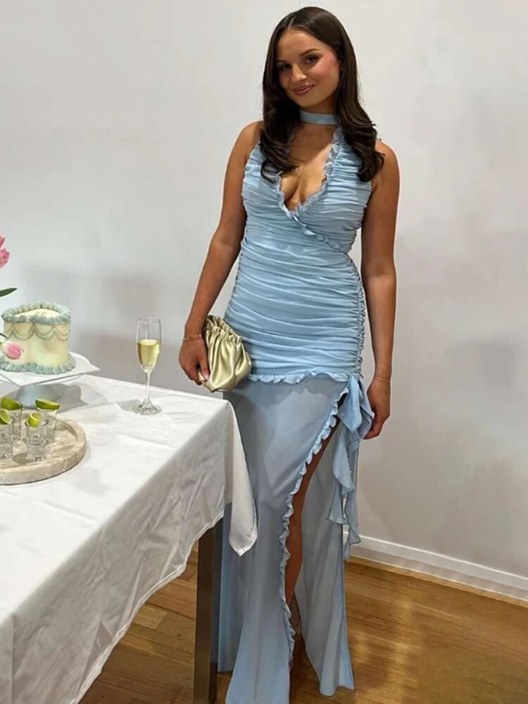 TARUXY Deep V Neck Slim Maxi Dresses For Women Mesh Splice See Through Folds Long Dress Femme Side Slit Sexy Evening Dress Woman