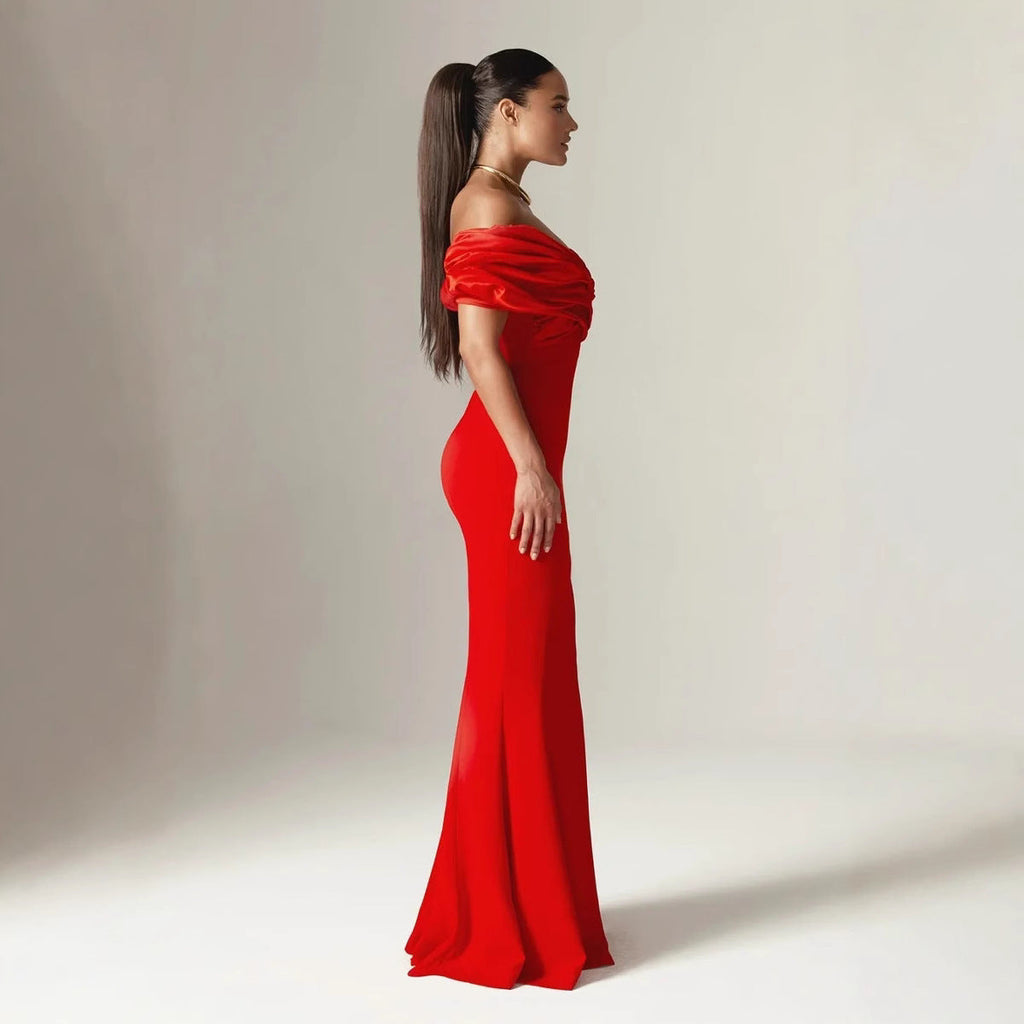 Off Shoulder Ruched Slit Satin Maxi Prom Dress