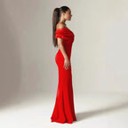 Off Shoulder Ruched Slit Satin Maxi Prom Dress
