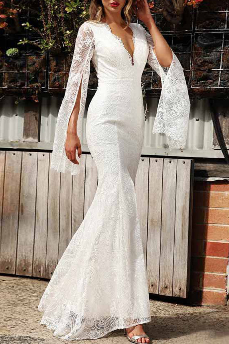 Sexy formelle Abendkleider aus massiver Spitze mit Reißverschluss und V-Ausschnitt 