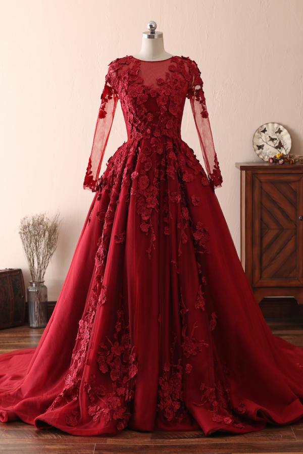 BMbridal Burgundy Long Sleeve Lace A Line Prom Dress Evening Gown