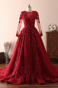 BMbridal Burgundy Long Sleeve Lace A Line Prom Dress Evening Gown