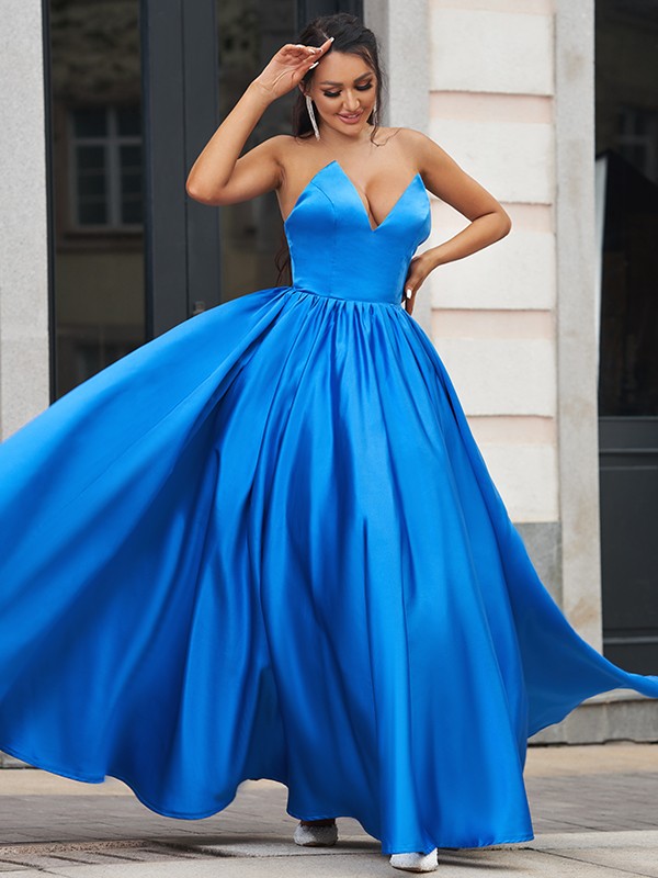 Regal Sapphire A-Line Draped V-Neck Backless Prom Dress