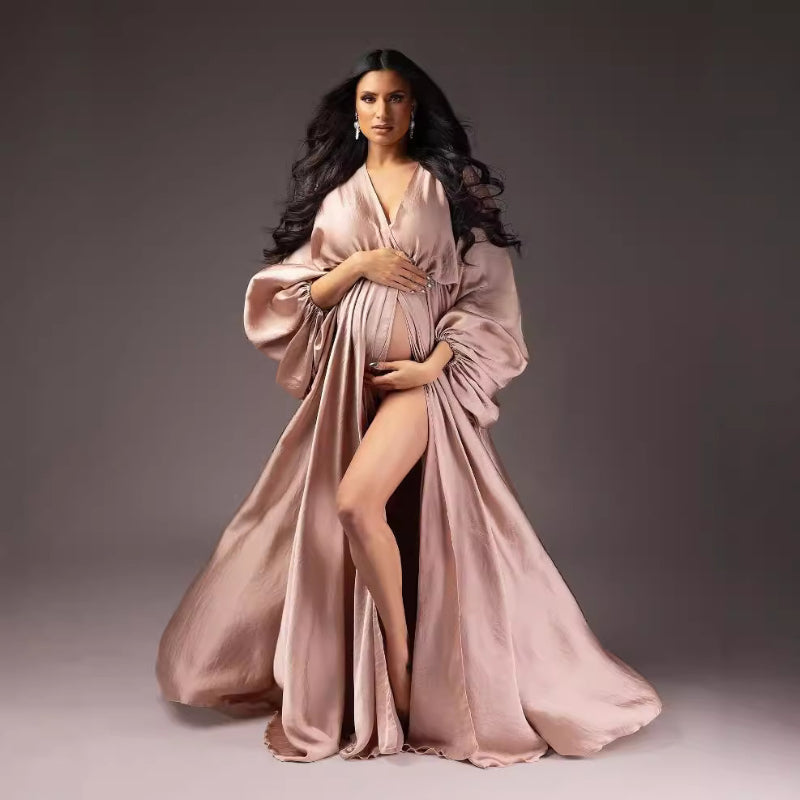 Long lantern sleeve maternity clothes v-neck maternity dress portrait dress