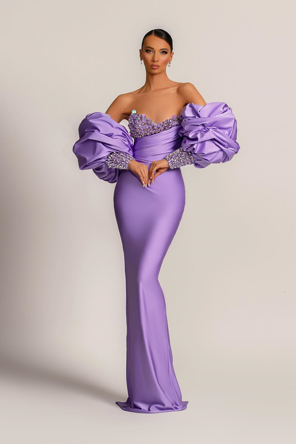 Custom Purple Mermaid Prom Dress With Appliques And Puff Sleeves
