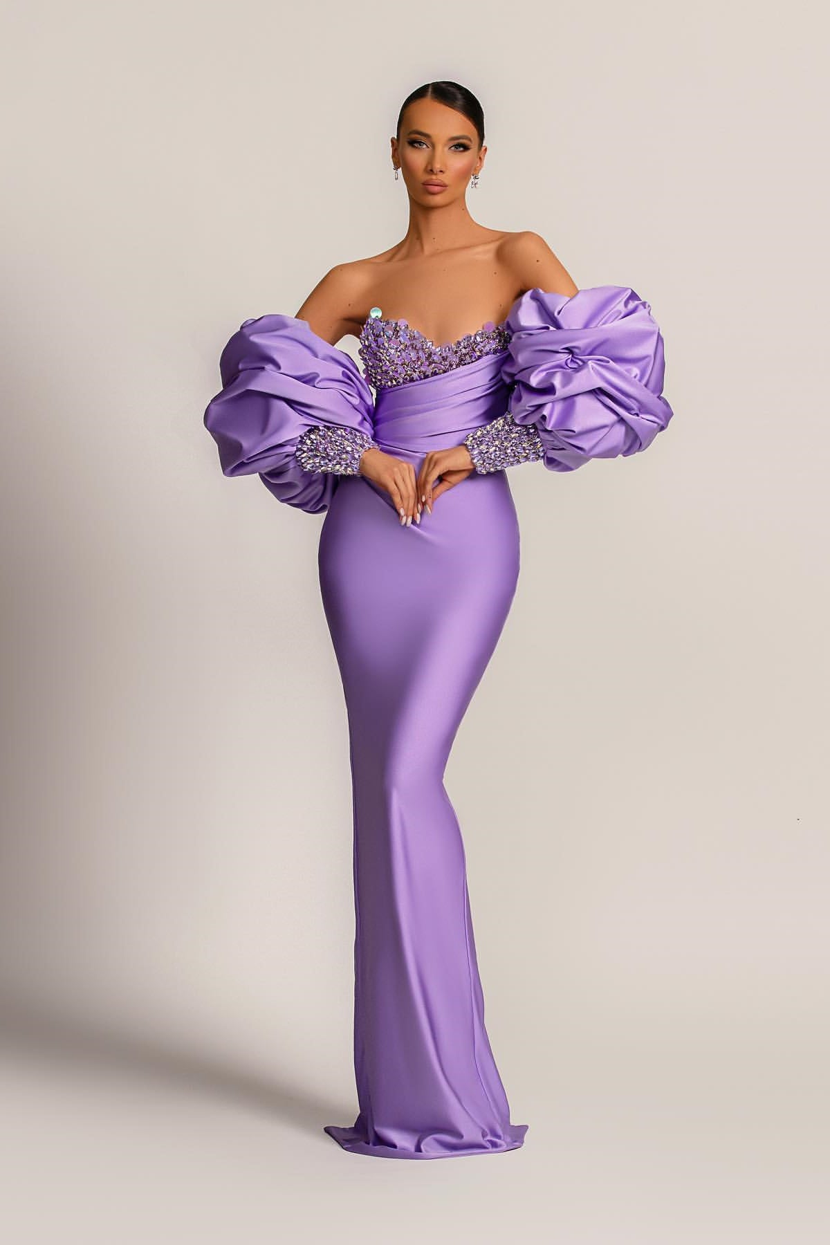 Custom Purple Mermaid Prom Dress With Appliques And Puff Sleeves