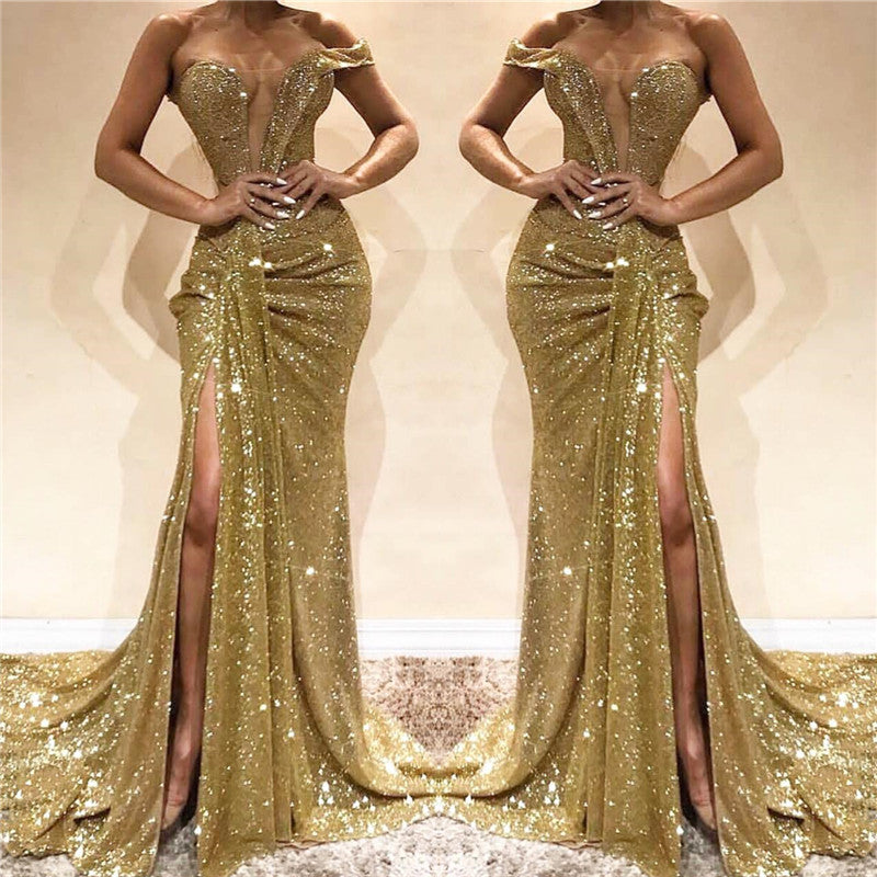 Gold One Shoulder Sequin Prom Dress Floor Length Slit