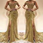 Gold One Shoulder Sequin Prom Dress Floor Length Slit