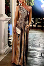 Bronzing Slanted Shoulder Pocket Swing Dress