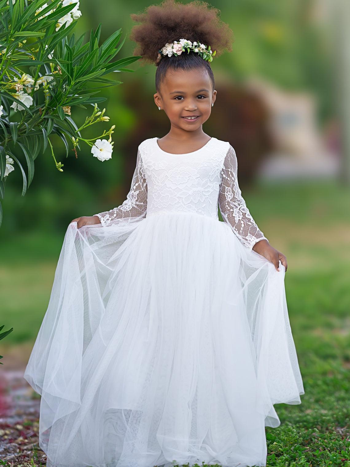 Ivory Peony Lace Long Sleeve A Line Tulle Tutu Flower Girl Party Dress