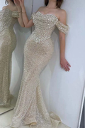 Off The Shoulder Sequins Long Prom Dress Strapless Sleeveless Gown