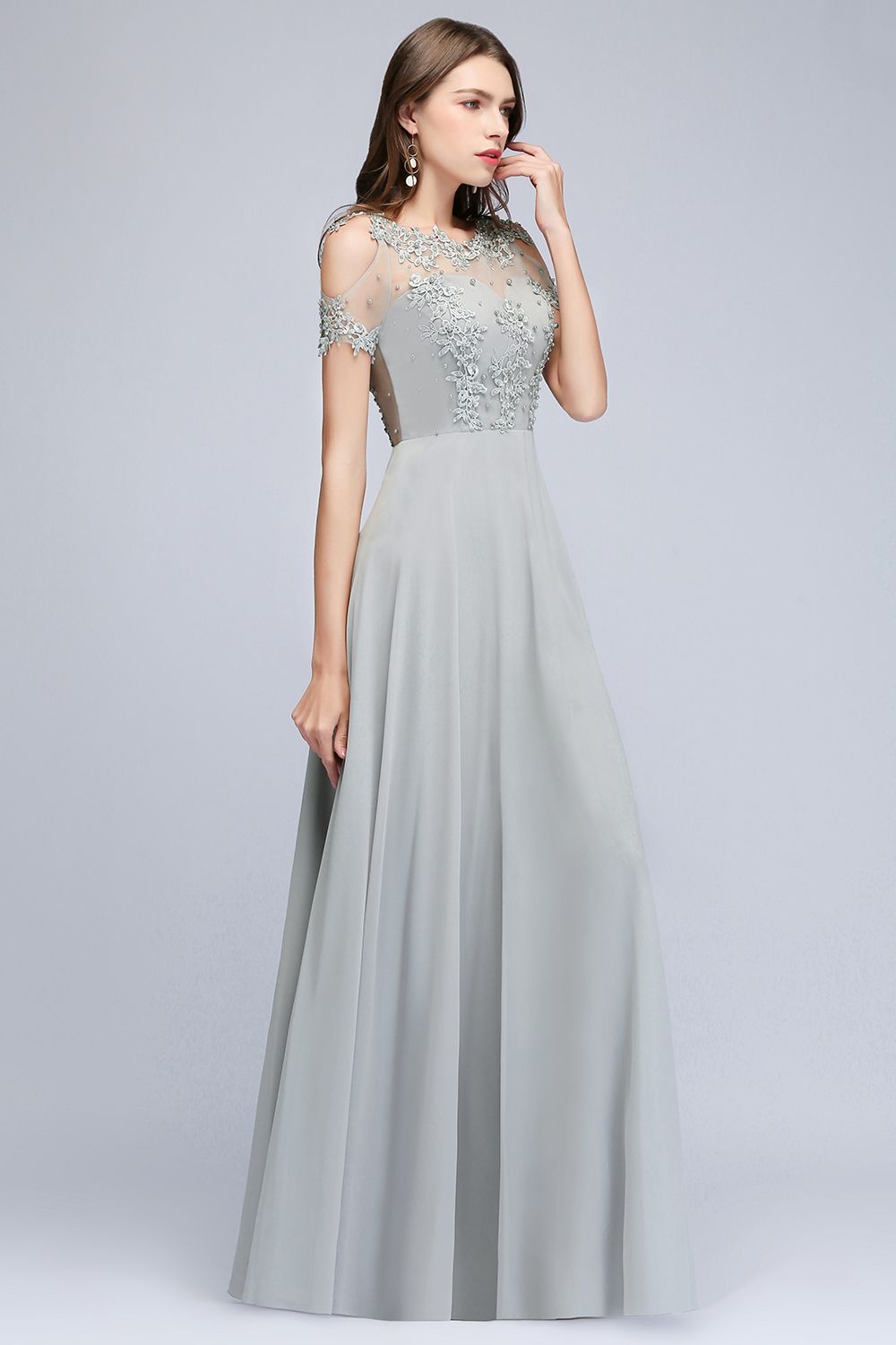 BMbridal Short Sleeve Lace Appliques Chiffon A Line Floor Length Prom Dress