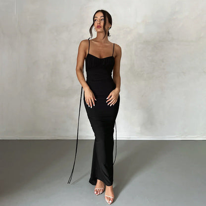 Vestido sexy para mujer, vestido plisado sin espalda, vestido de noche sin mangas con tirantes para mujer