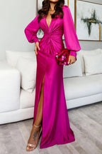 Abiti da Sera Sexy in Tinta Unita con Spacco e Scollo a V Pieghettati per il Ballo