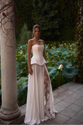 Custom Sleeveless Strapless Long Prom Dress With Pleated Split Appliques