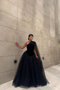 Chic Black Tulle One Shoulder Sleeveless Ball Gown Long Prom Dress