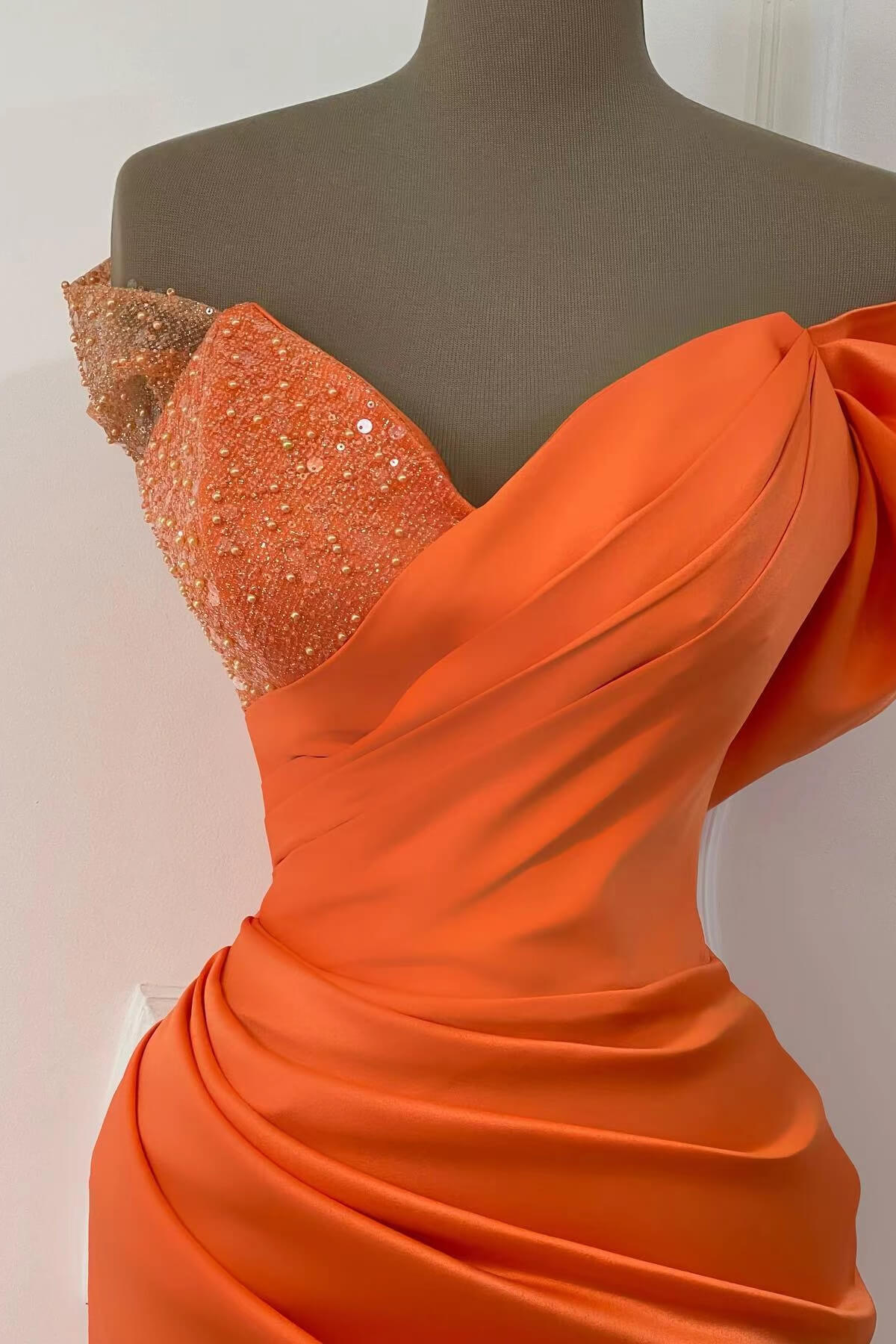 Orange Long Satin Off-The-Shoulder Mermaid Prom Dresses